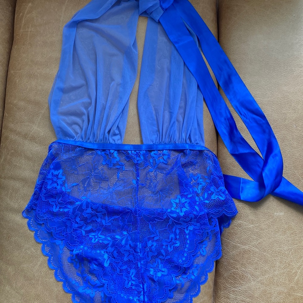 Oh La La Cherie bright blue lace halter bodysuit.